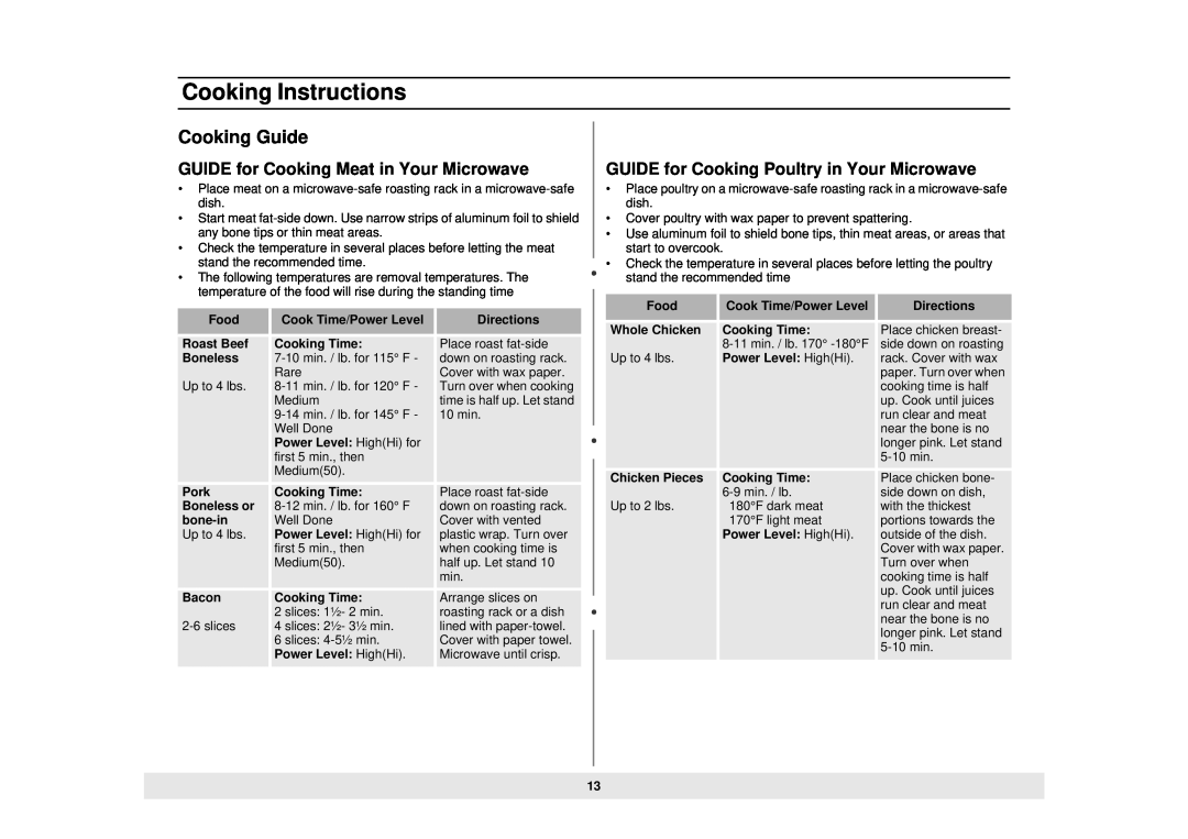 Samsung MW888STB Cooking Guide, GUIDE for Cooking Meat in Your Microwave, GUIDE for Cooking Poultry in Your Microwave 