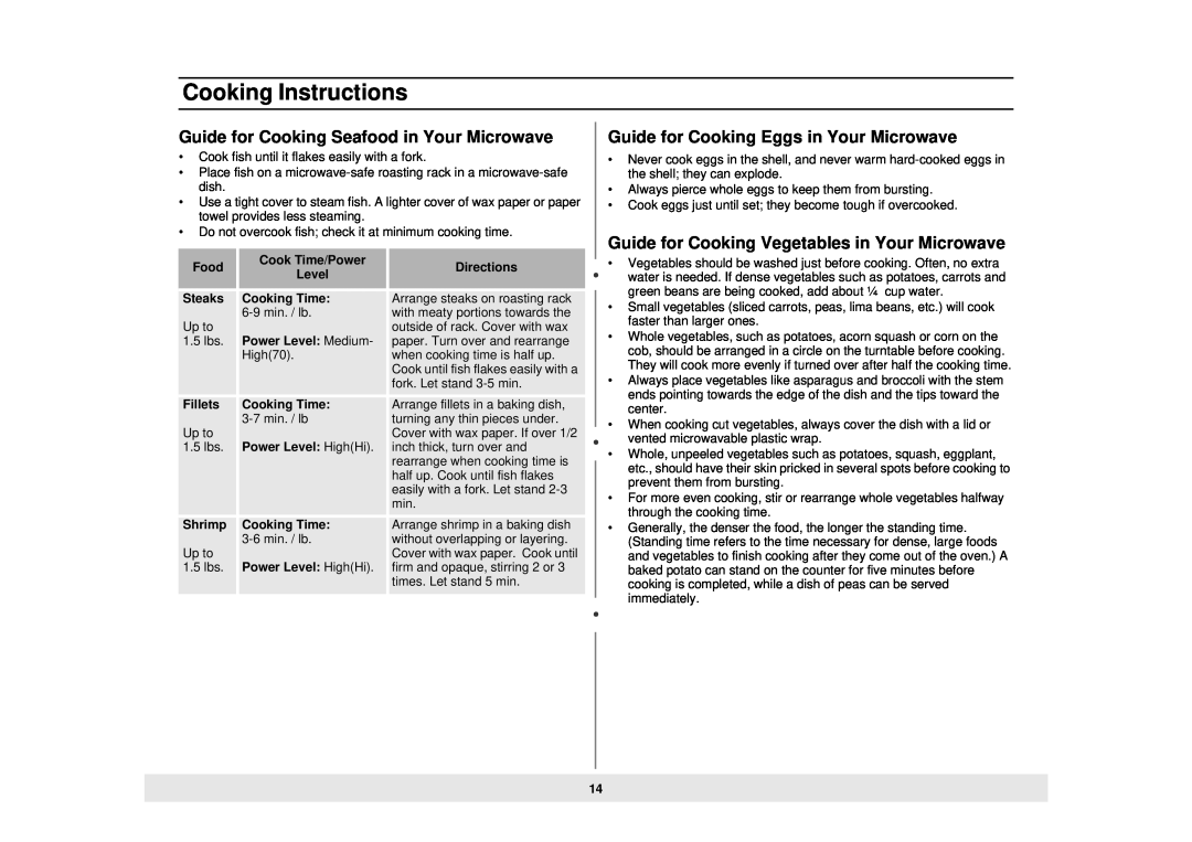 Samsung MW888STB owner manual Guide for Cooking Seafood in Your Microwave, Guide for Cooking Eggs in Your Microwave 