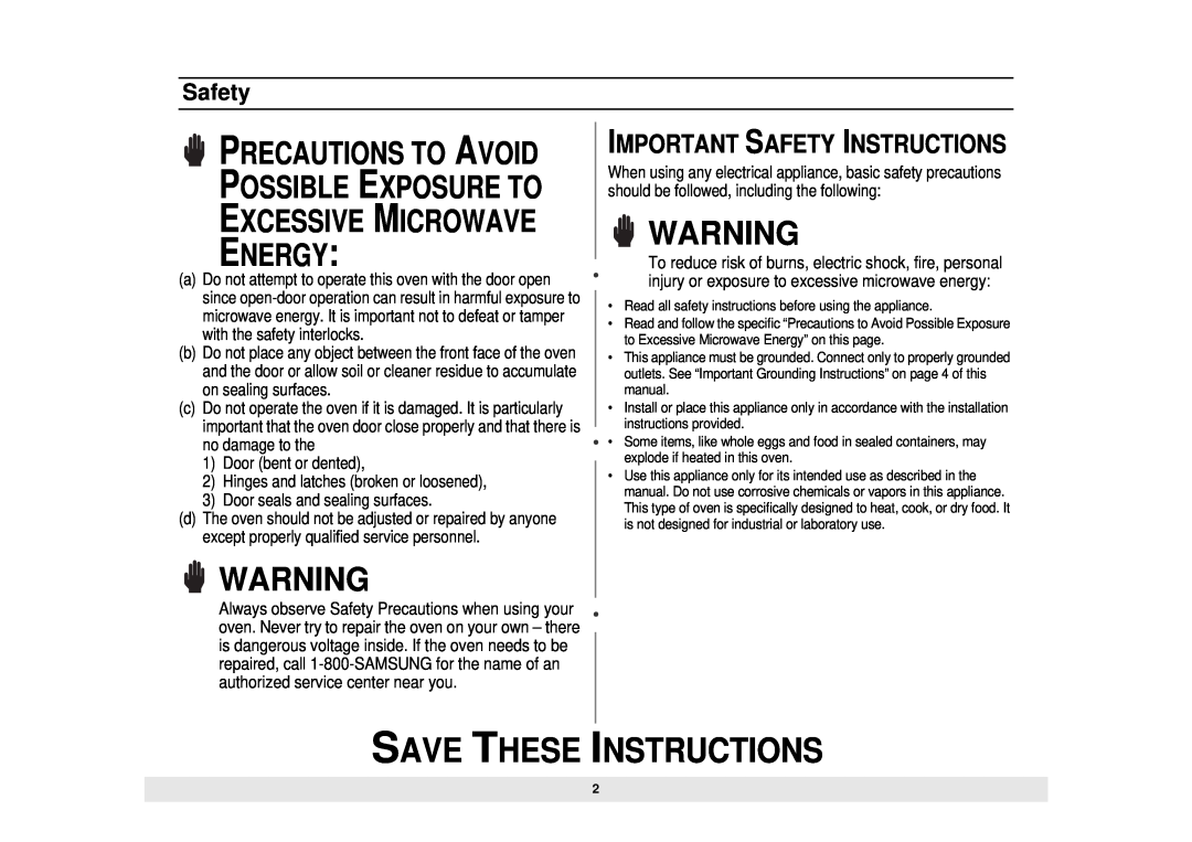 Samsung MW888STB Save These Instructions, Important Safety Instructions, Precautions To Avoid Possible Exposure To 