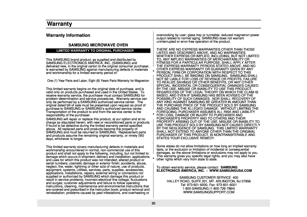 Samsung MW888STB owner manual Warranty Information, Limited Warranty To Original Purchaser 