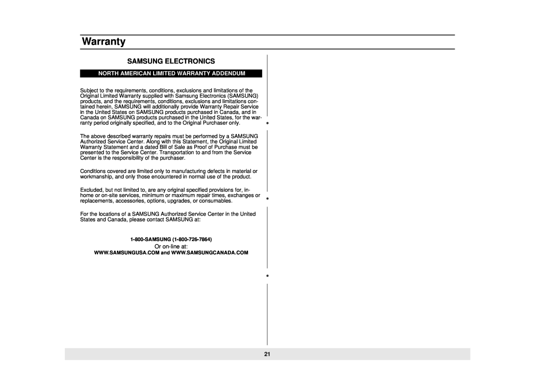 Samsung MW888STB owner manual Samsung Electronics, North American Limited Warranty Addendum 