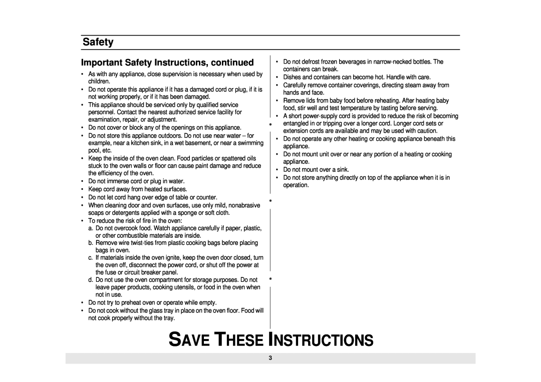 Samsung MW888STB owner manual Important Safety Instructions, continued, Save These Instructions 