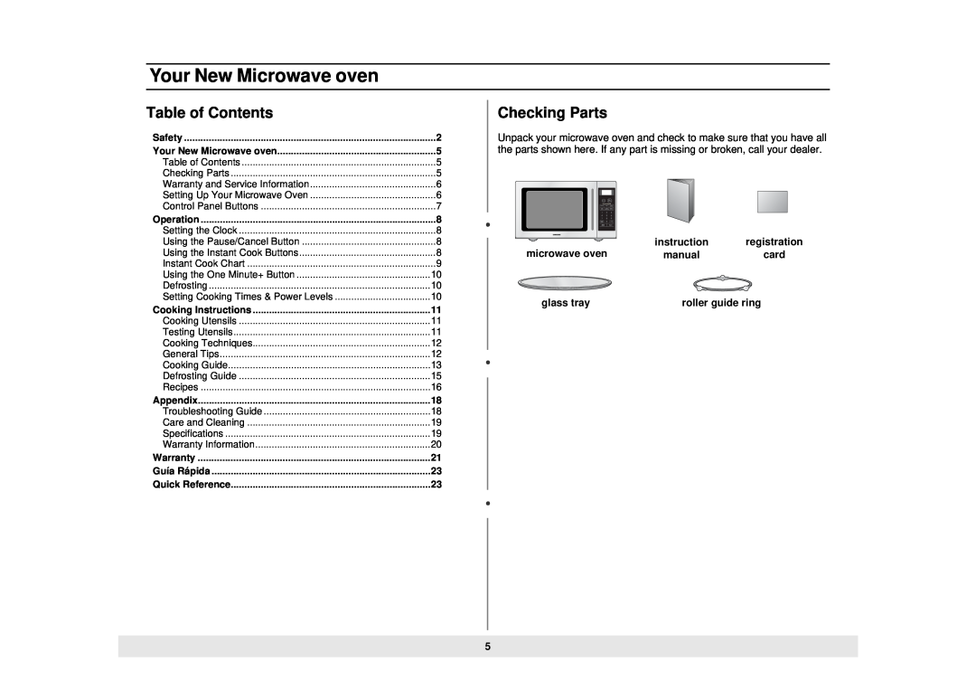 Samsung MW888STB owner manual Your New Microwave oven, Table of Contents, Checking Parts 
