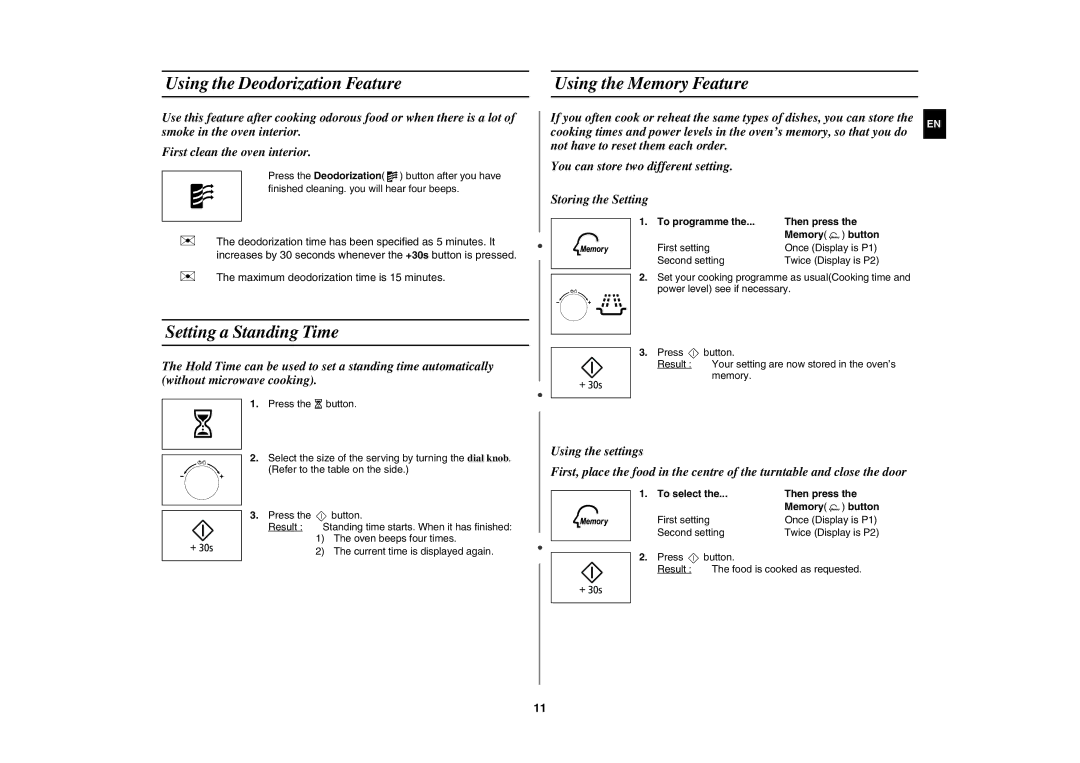 Samsung MW89AST/BAL manual Using the Deodorization Feature, Using the Memory Feature, Setting a Standing Time 