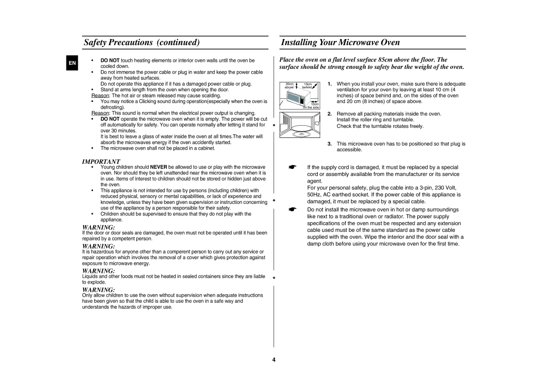 Samsung MW89AST/BAL manual Installing Your Microwave Oven 