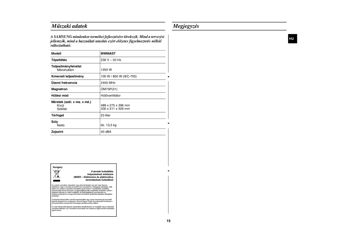 Samsung MW89AST/XEH manual Műszaki adatokMegjegyzés 