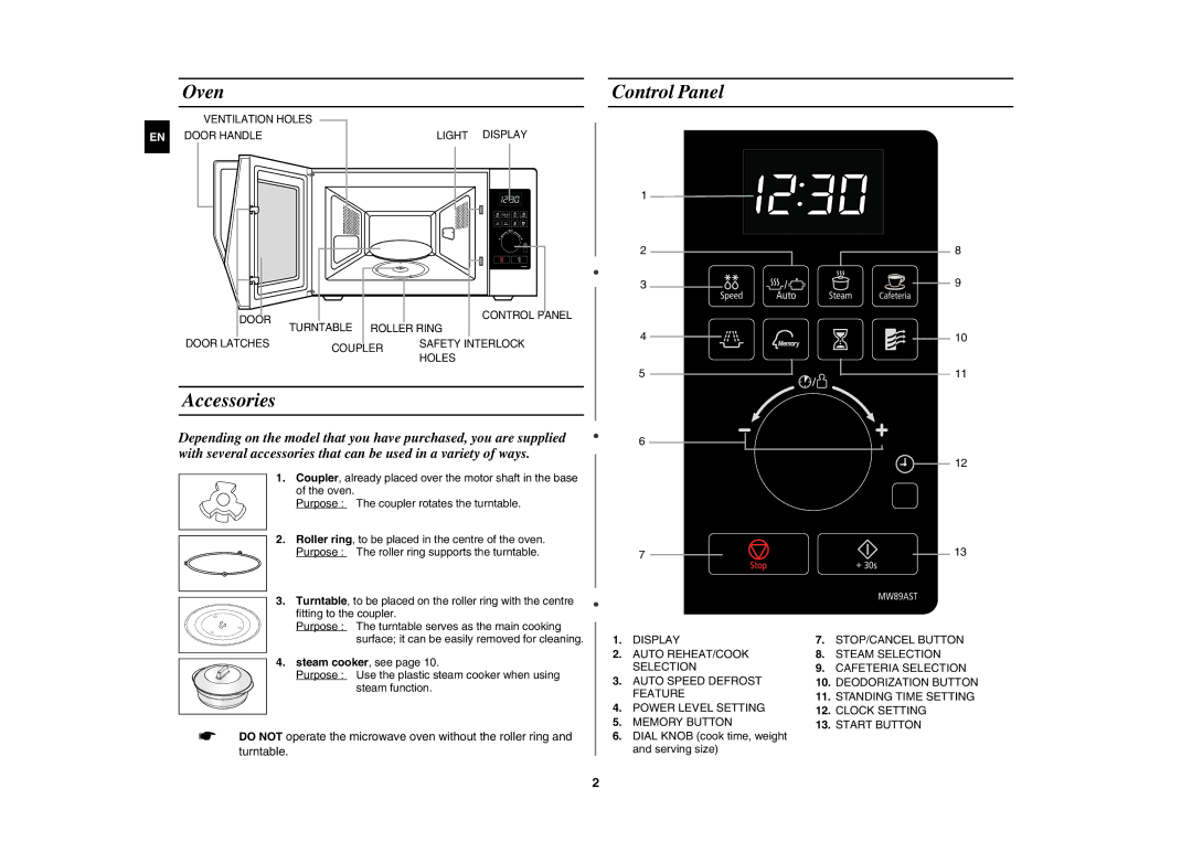 Samsung MW89AST/XEH manual Oven, Control Panel, Accessories, Steam cooker, see 