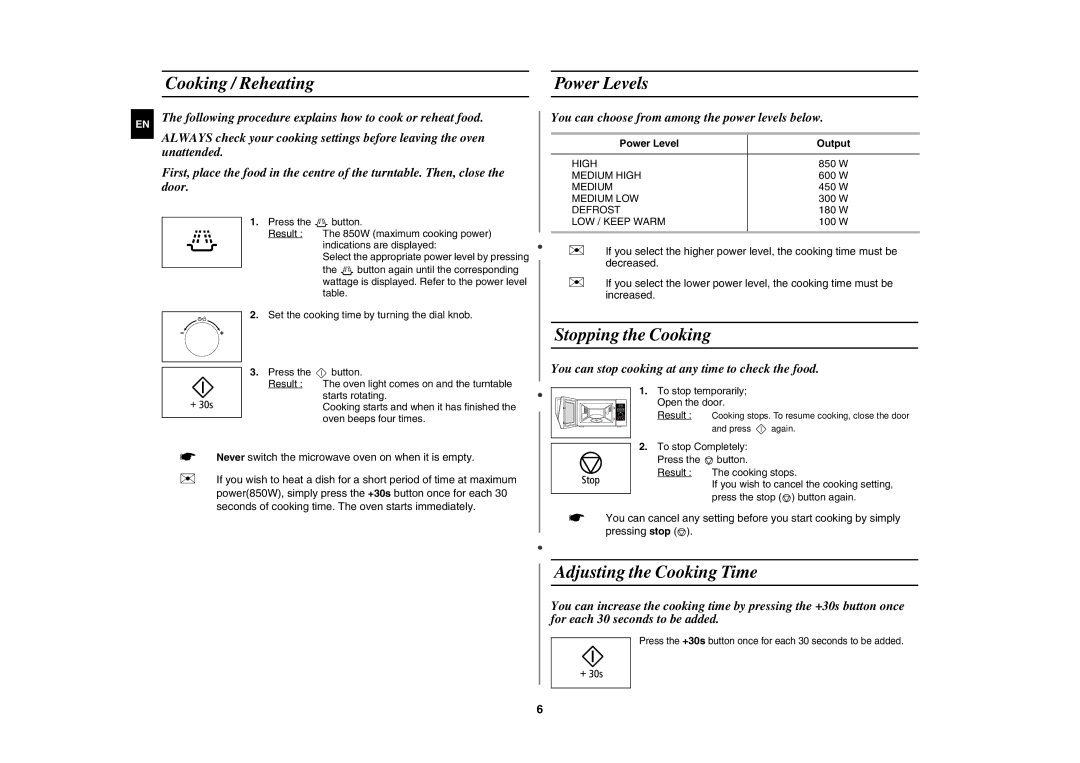 Samsung MW89AST/XEH Cooking / Reheating Power Levels, Stopping the Cooking, Adjusting the Cooking Time, Power Level Output 