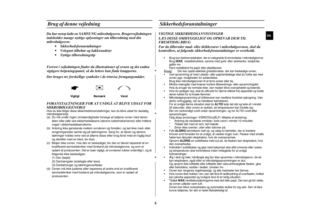 Samsung MW89MST/XEE, MW89M-B/XEE manual Brug af denne vejledning, Sikkerhedsforanstaltninger, Vigtigt Bemærk Vend 