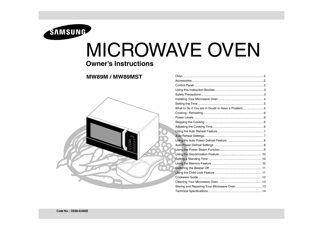 Samsung MW89MST/XEE, MW89M-B/XEE manual Microwave Oven 