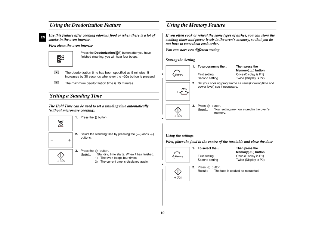 Samsung MW89M-B/XEE, MW89MST/XEE manual Using the Deodorization Feature Using the Memory Feature, Setting a Standing Time 