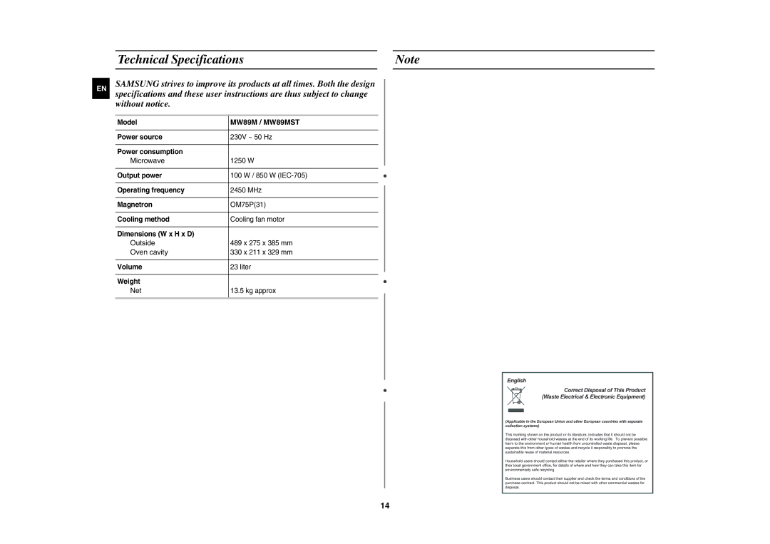 Samsung MW89M-B/XEE, MW89MST/XEE manual Technical Specifications, MW89M / MW89MST 