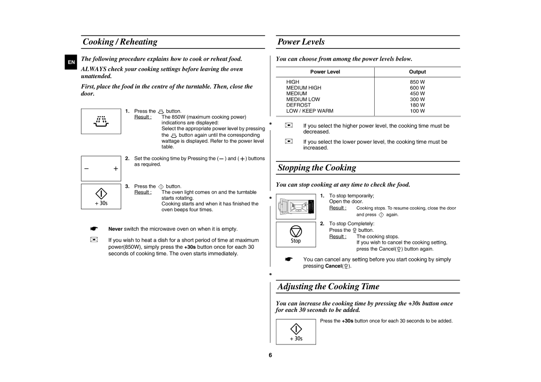 Samsung MW89M-B/XEE, MW89MST/XEE manual Cooking / Reheating Power Levels, Stopping the Cooking, Adjusting the Cooking Time 