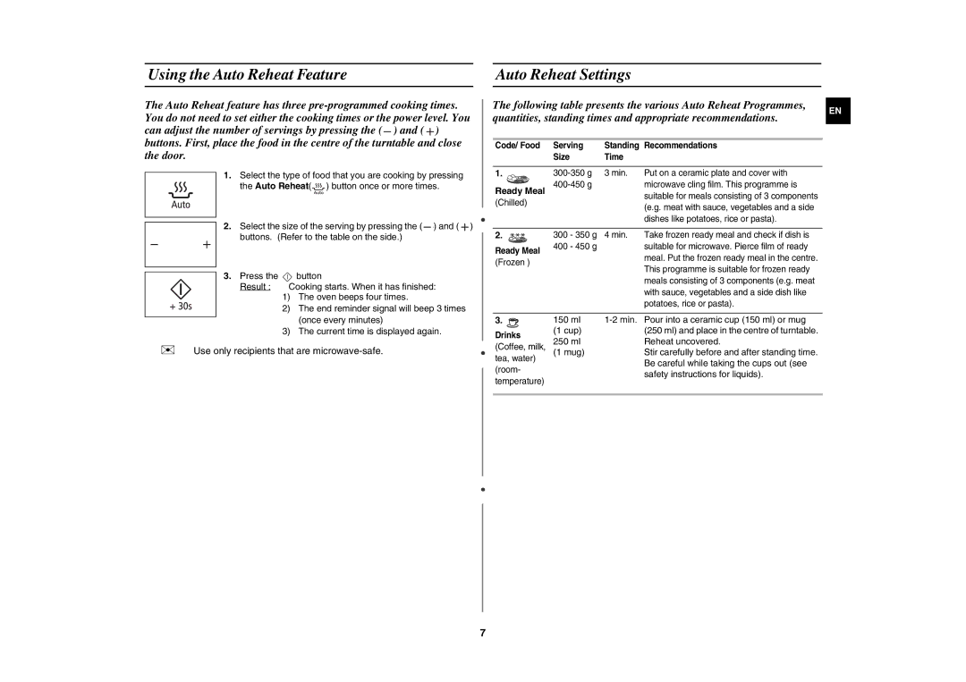 Samsung MW89MST/XEE, MW89M-B/XEE manual Using the Auto Reheat Feature Auto Reheat Settings, Ready Meal 