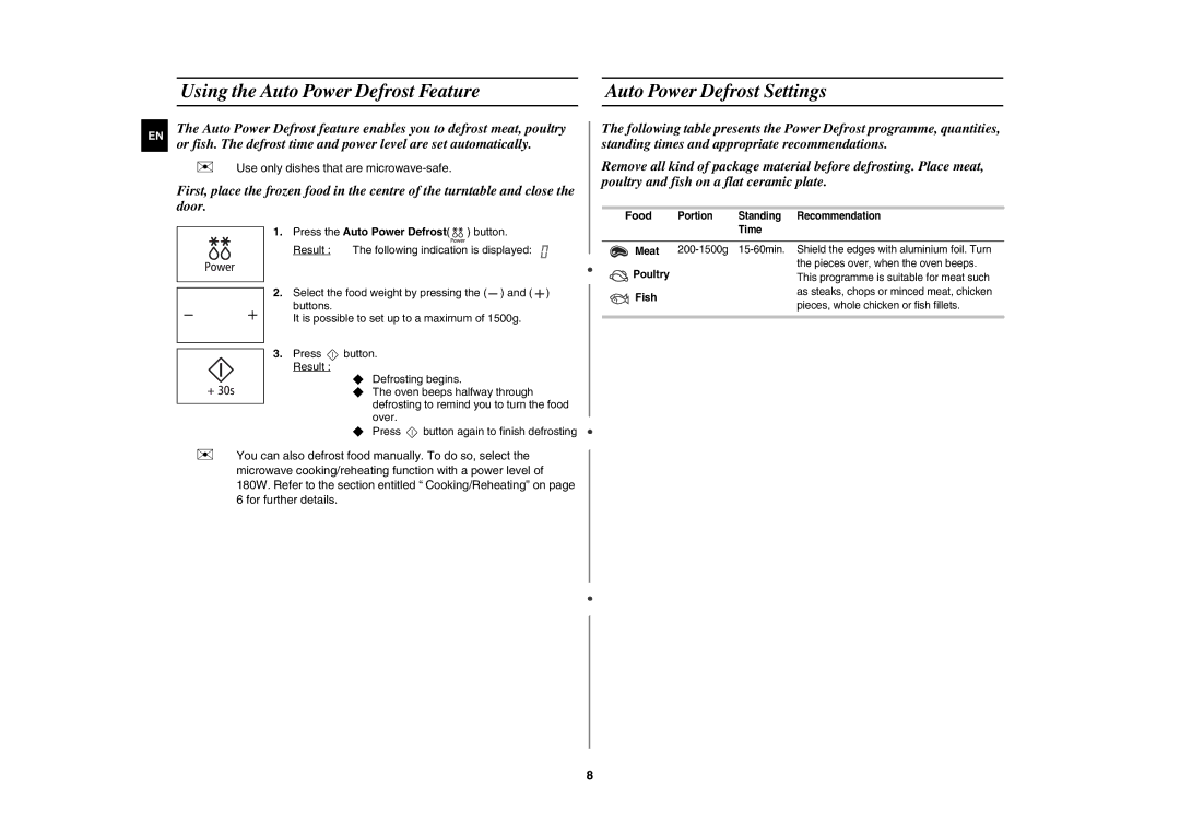 Samsung MW89M-B/XEE, MW89MST/XEE manual Food 