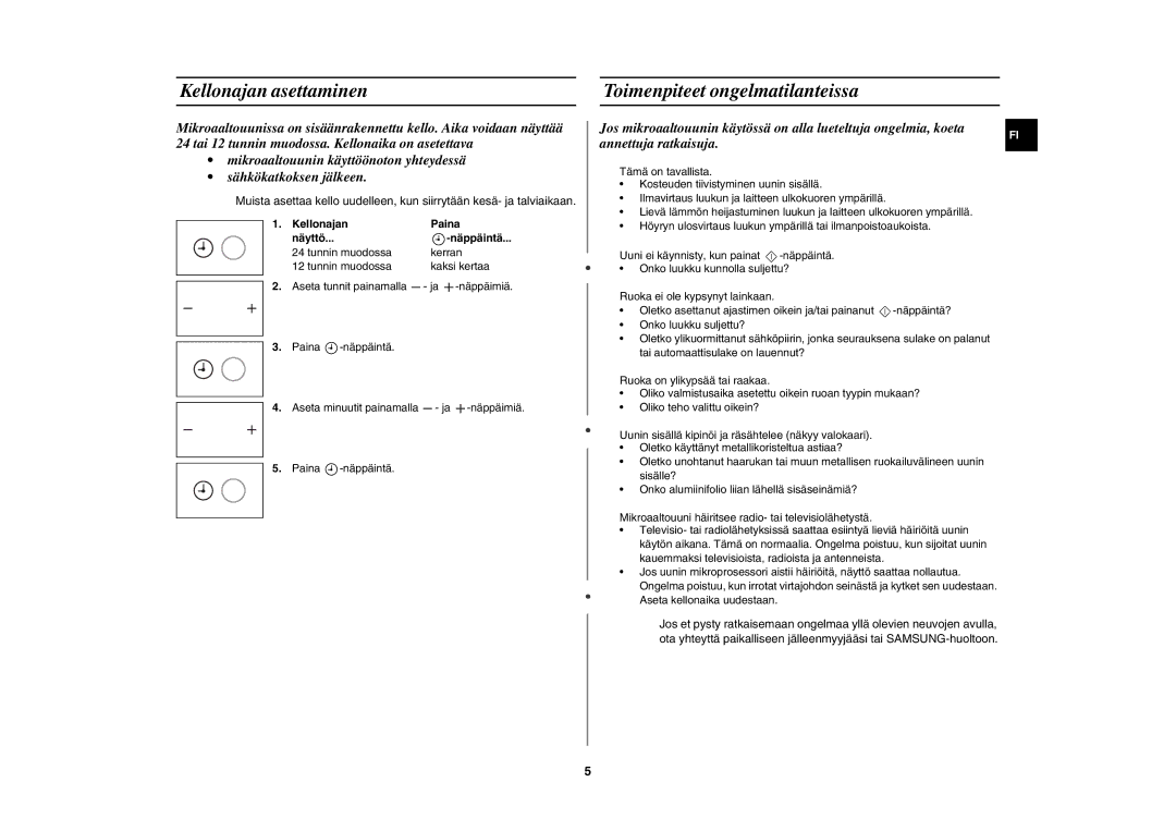 Samsung MW89MST/XEE manual Kellonajan asettaminen Toimenpiteet ongelmatilanteissa, Kellonajan Paina Näyttö, Näppäintä 