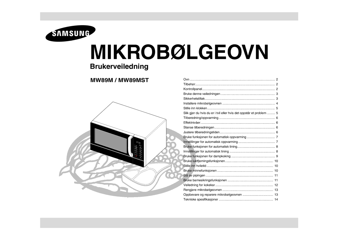 Samsung MW89MST/XEE, MW89M-B/XEE manual Mikrobølgeovn 