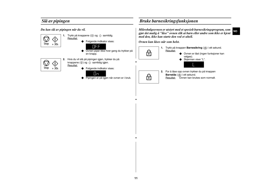 Samsung MW89MST/XEE manual Slå av pipingen, Bruke barnesikringsfunksjonen, Du kan slå av pipingen når du vil, Barnelås 