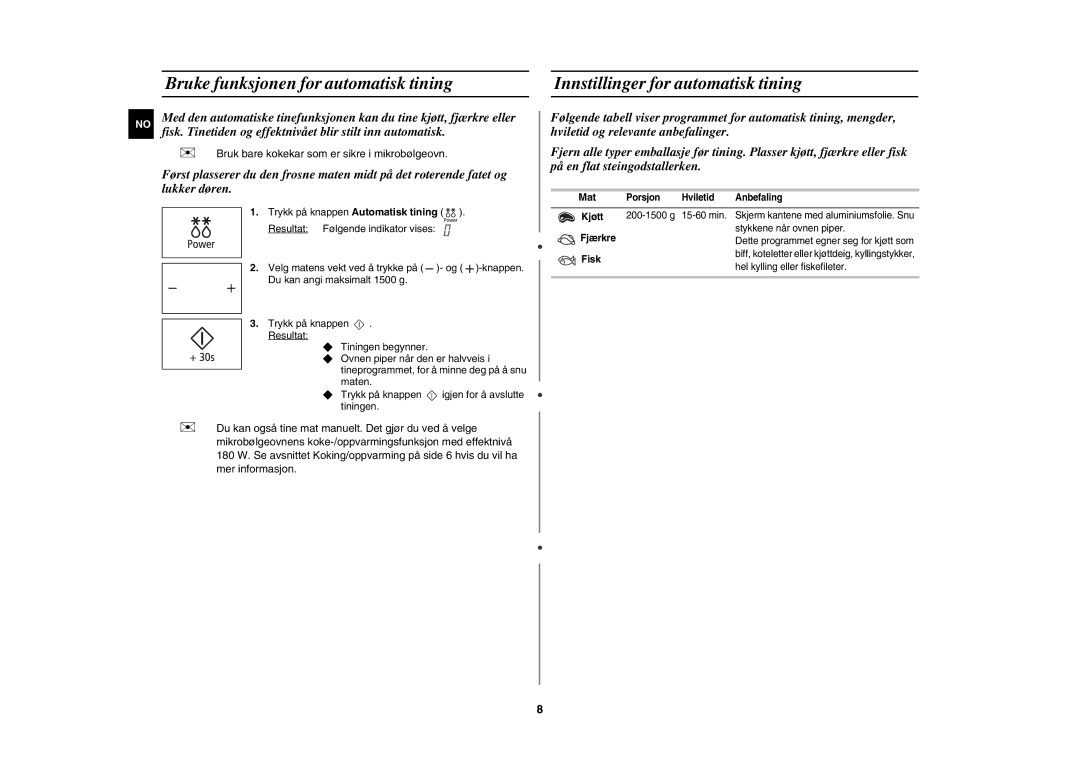 Samsung MW89M-B/XEE manual Bruke funksjonen for automatisk tining, Innstillinger for automatisk tining, Lukker døren, Mat 