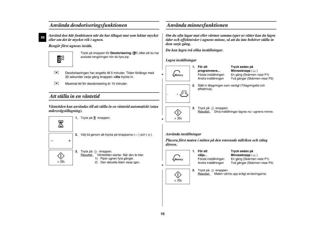 Samsung MW89M-B/XEE, MW89MST/XEE manual Använda deodoriseringsfunktionen Använda minnesfunktionen, Att ställa in en väntetid 