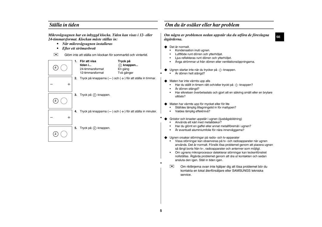 Samsung MW89MST/XEE, MW89M-B/XEE manual Ställa in tiden, Om du är osäker eller har problem, Och 
