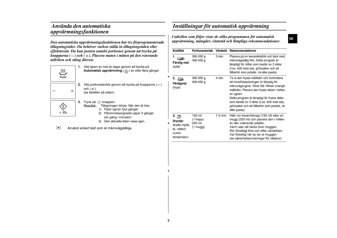 Samsung MW89MST/XEE, MW89M-B/XEE manual Inställningar för automatisk uppvärmning, Färdig mat 