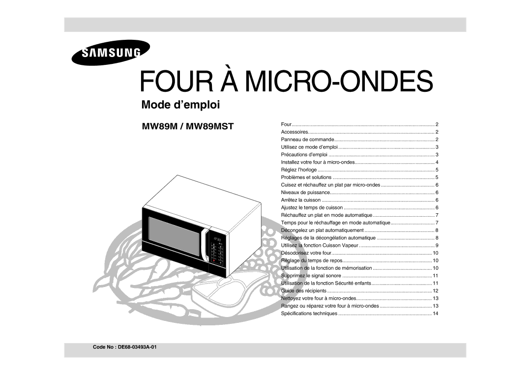 Samsung MW89M-S/XEF, MW89M-B/XEF manual Four À MICRO-ONDES, Code No DE68-03493A-01 