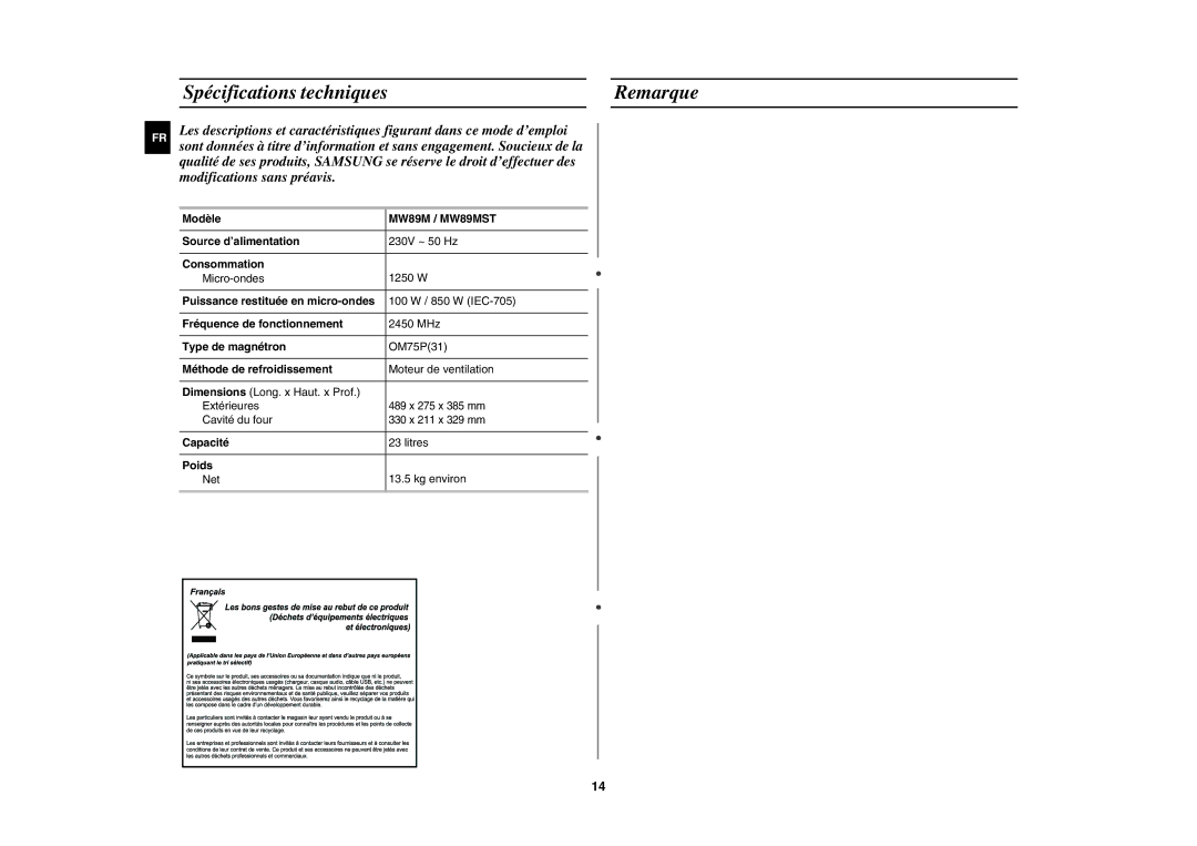 Samsung MW89M-B/XEF, MW89M-S/XEF manual Spécifications techniques Remarque 