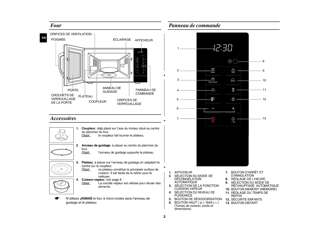 Samsung MW89M-B/XEF, MW89M-S/XEF manual Four, Accessoires, Panneau de commande, Cuiseur-vapeur , voir 