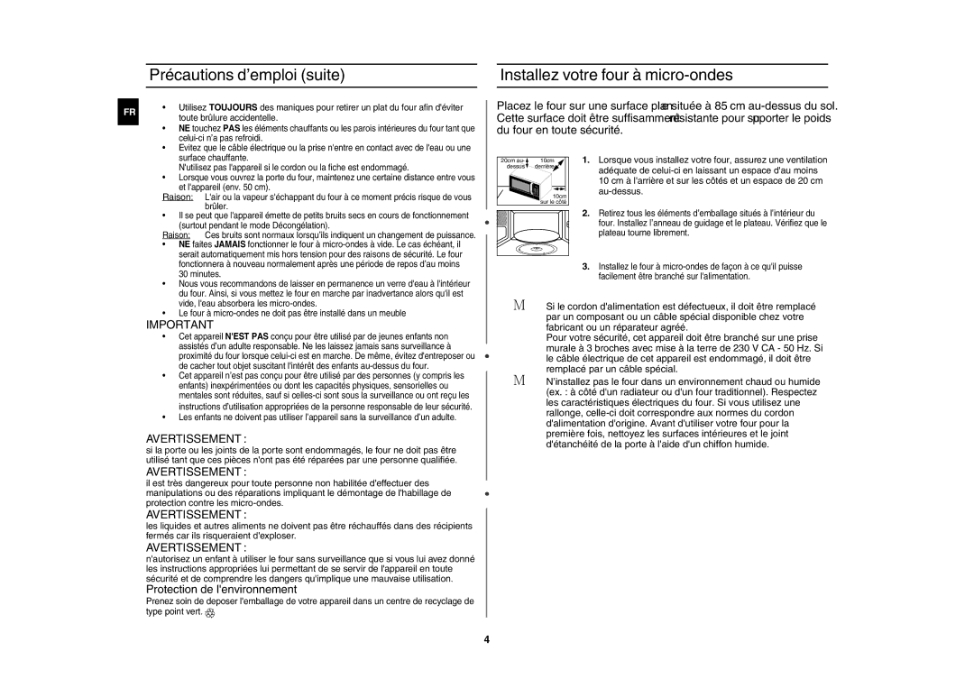 Samsung MW89M-B/XEF, MW89M-S/XEF manual Avertissement, Protection de lenvironnement 