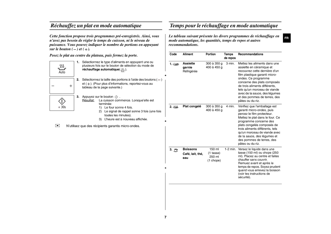 Samsung MW89M-S/XEF, MW89M-B/XEF manual Réchauffez un plat en mode automatique 