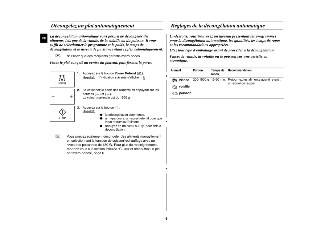 Samsung MW89M-B/XEF manual Décongelez un plat automatiquement, Réglages de la décongélation automatique, Volaille Poisson 