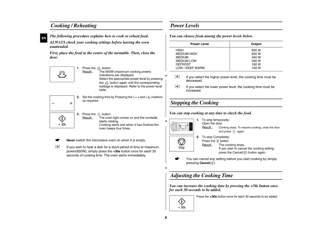 Samsung MW89MST/BAL, MW89MST/BOL manual Cooking / Reheating Power Levels, Stopping the Cooking, Adjusting the Cooking Time 