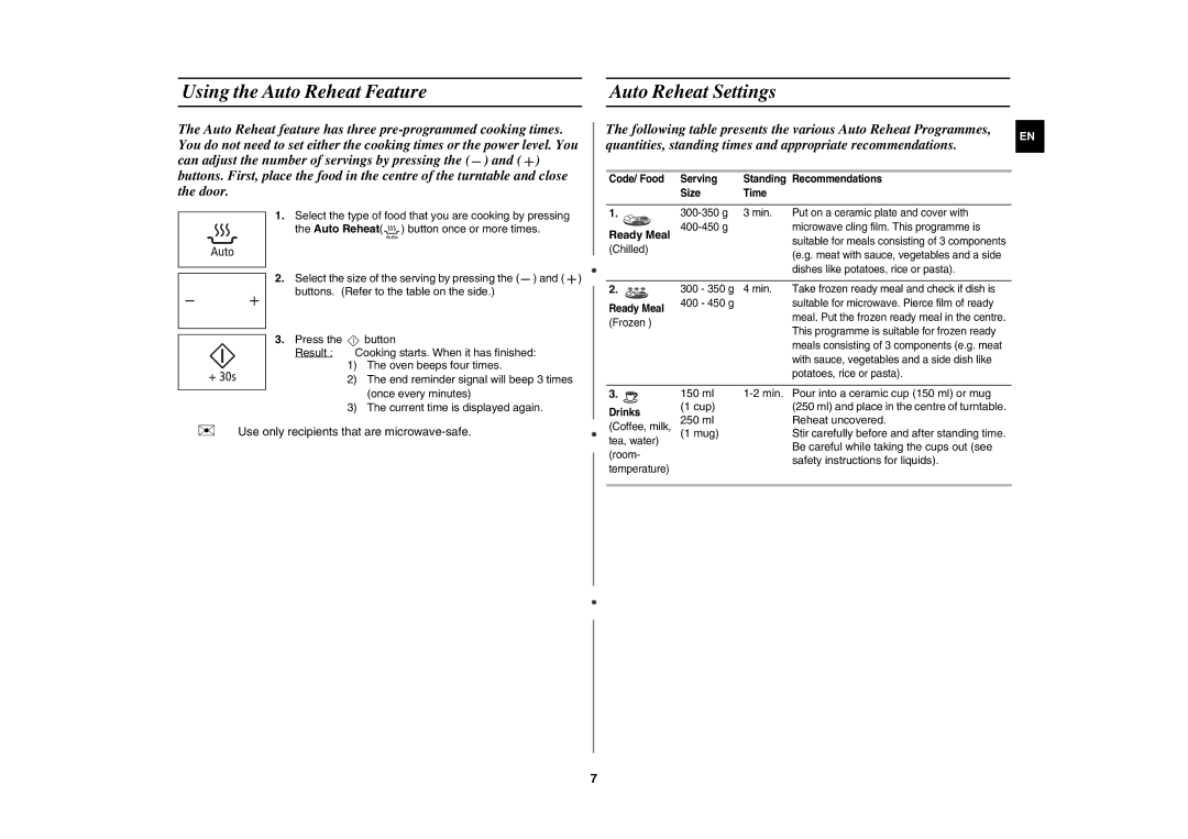 Samsung MW89MST/BOL, MW89MST/BAL manual Using the Auto Reheat Feature Auto Reheat Settings, Ready Meal 