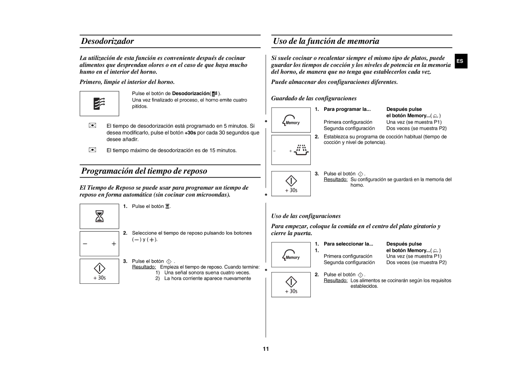 Samsung MW89MST/XEC manual Desodorizador, Programación del tiempo de reposo, Uso de la función de memoria 