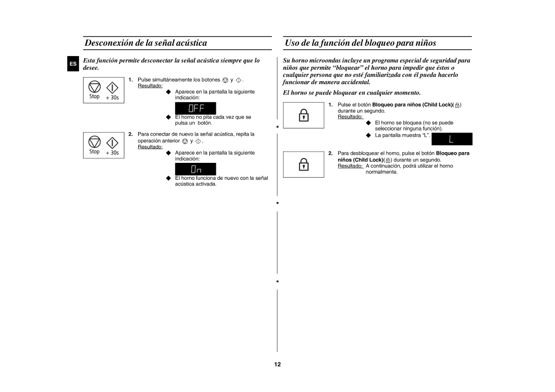 Samsung MW89MST/XEC manual Desconexión de la señal acústica, Uso de la función del bloqueo para niños 