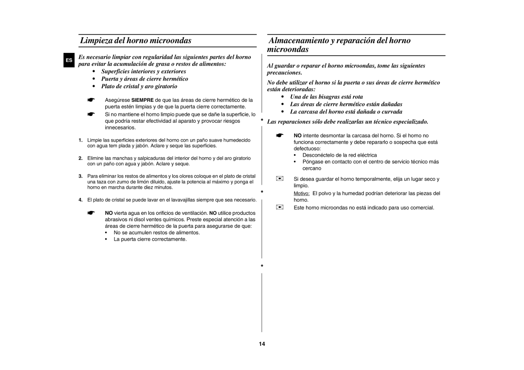 Samsung MW89MST/XEC manual Limpieza del horno microondas, Almacenamiento y reparación del horno microondas 