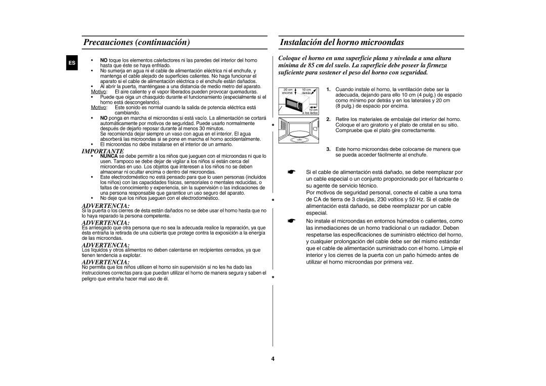 Samsung MW89MST/XEC manual Precauciones continuación, Instalación del horno microondas 