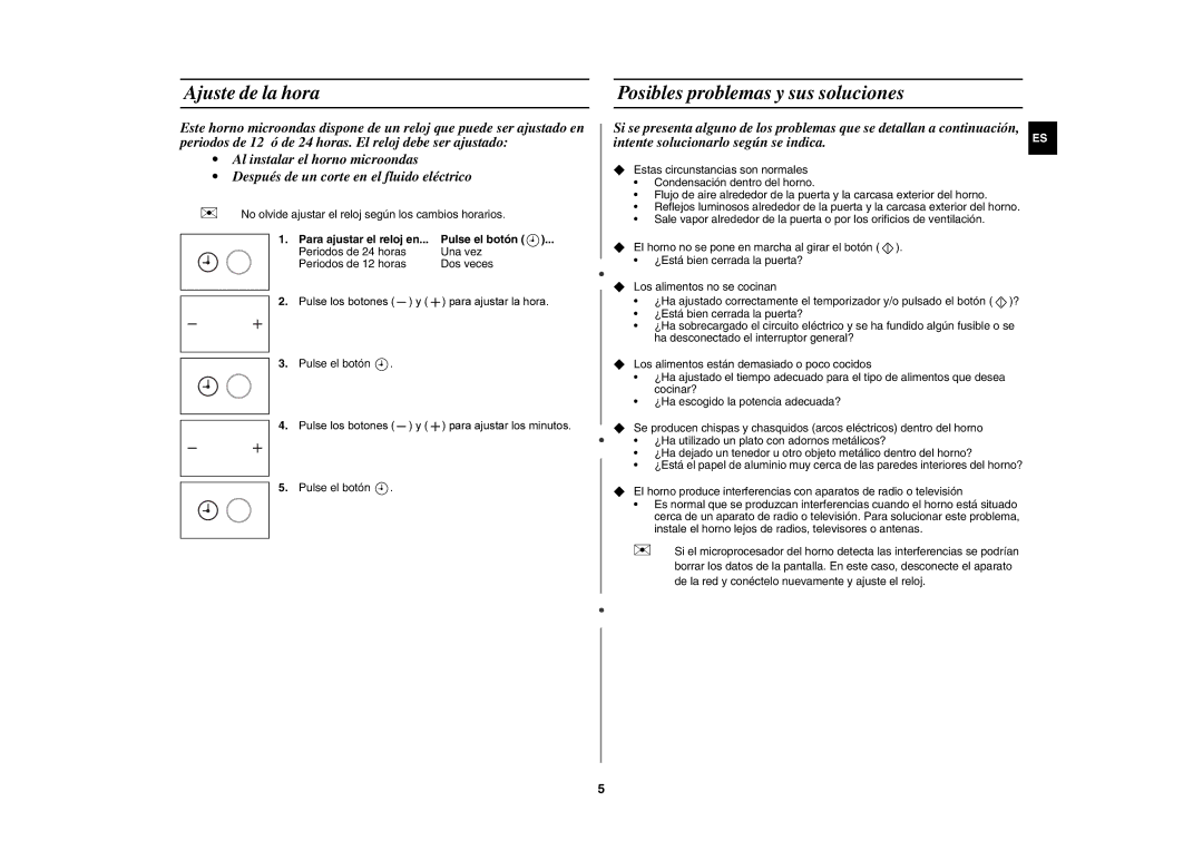 Samsung MW89MST/XEC manual Ajuste de la hora, Posibles problemas y sus soluciones 