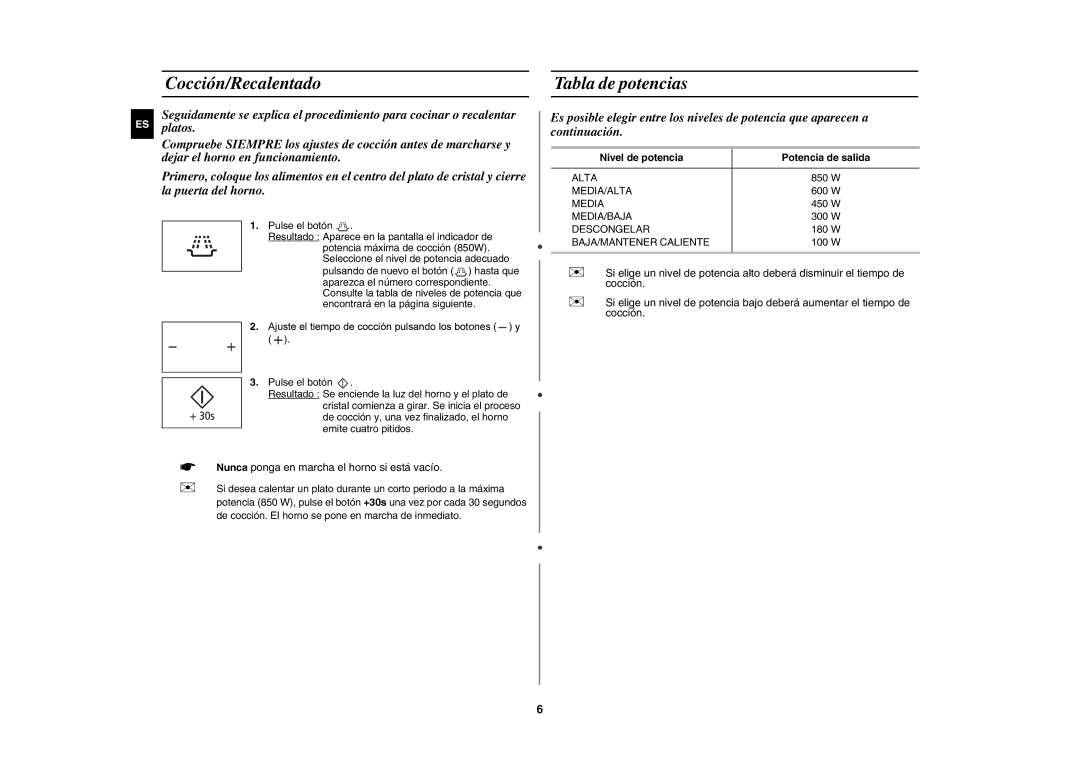 Samsung MW89MST/XEC manual Cocción/Recalentado, Tabla de potencias, Nivel de potencia Potencia de salida 