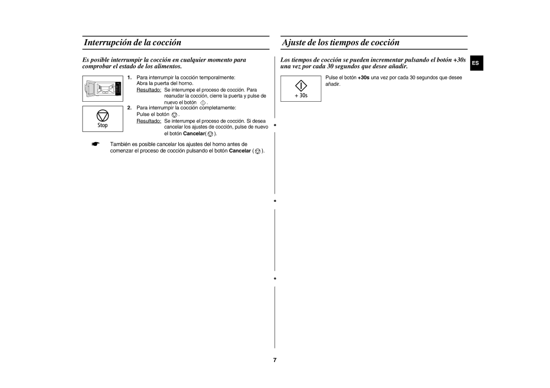 Samsung MW89MST/XEC manual Interrupción de la cocción, Ajuste de los tiempos de cocción 