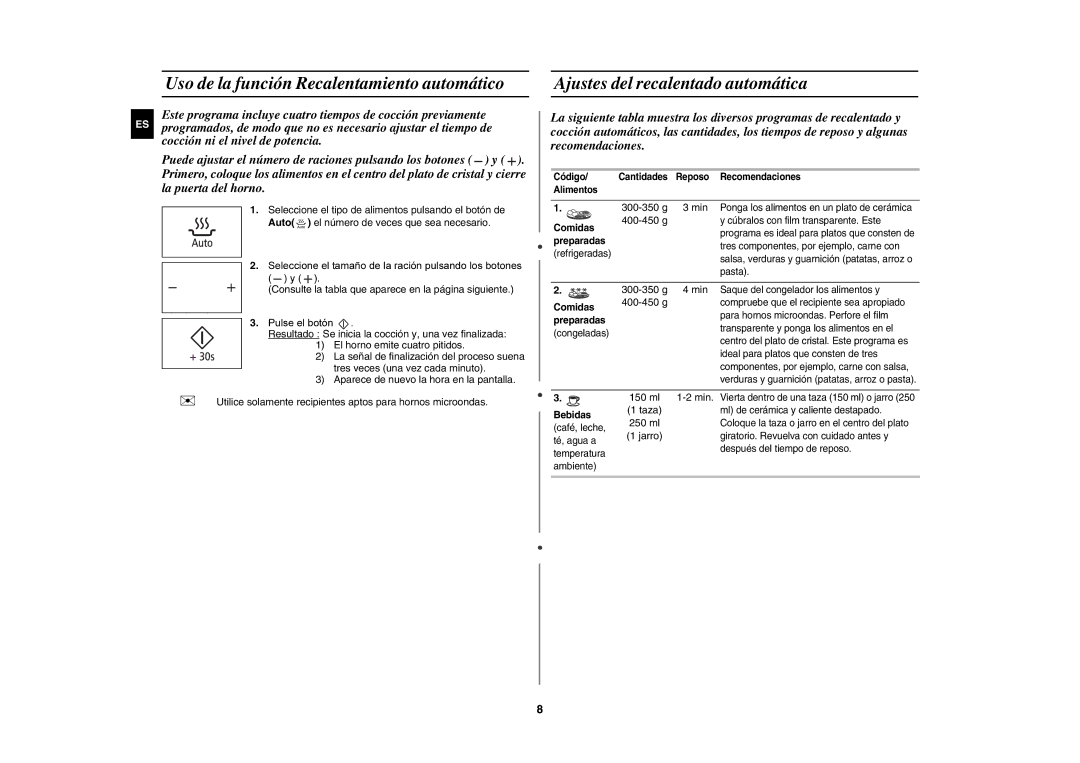 Samsung MW89MST/XEC Uso de la función Recalentamiento automático, Ajustes del recalentado automática, Min, 150 ml, 250 ml 