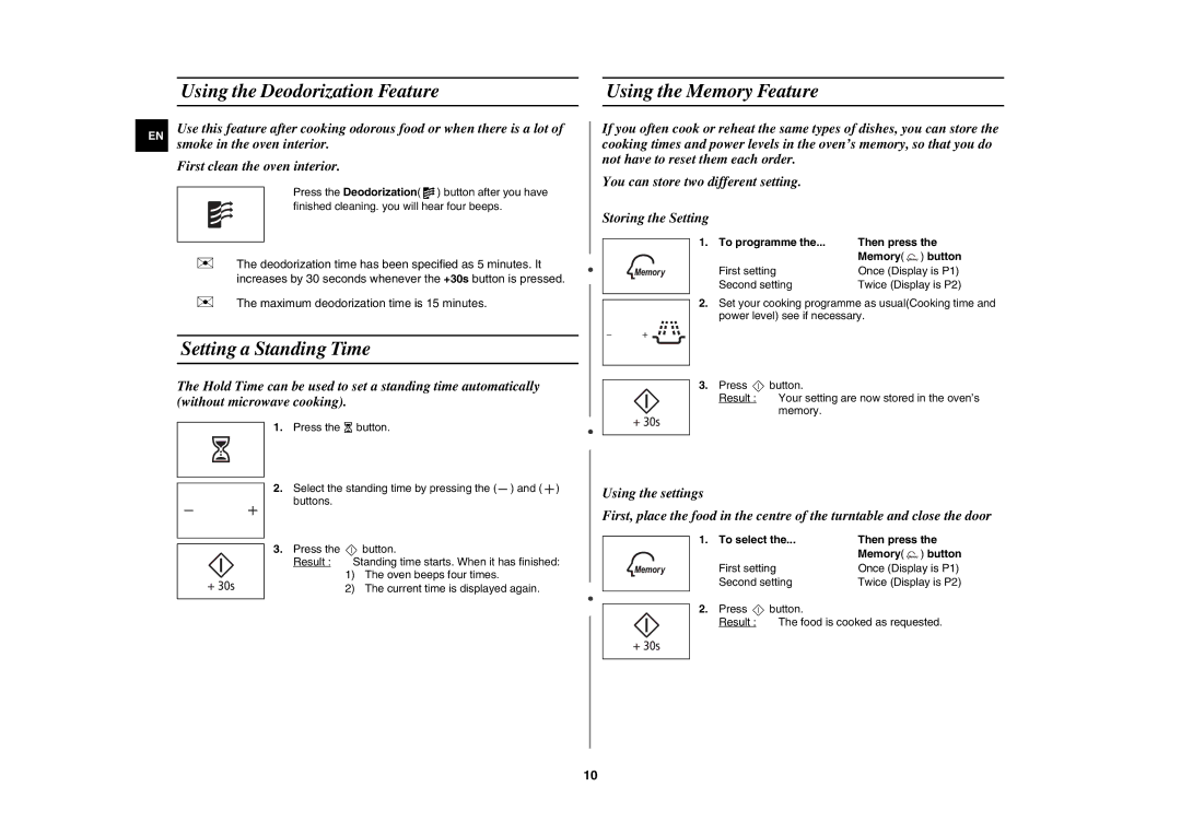 Samsung MW89MST/BOL, MW89MST/XEG manual Using the Deodorization Feature Using the Memory Feature, Setting a Standing Time 