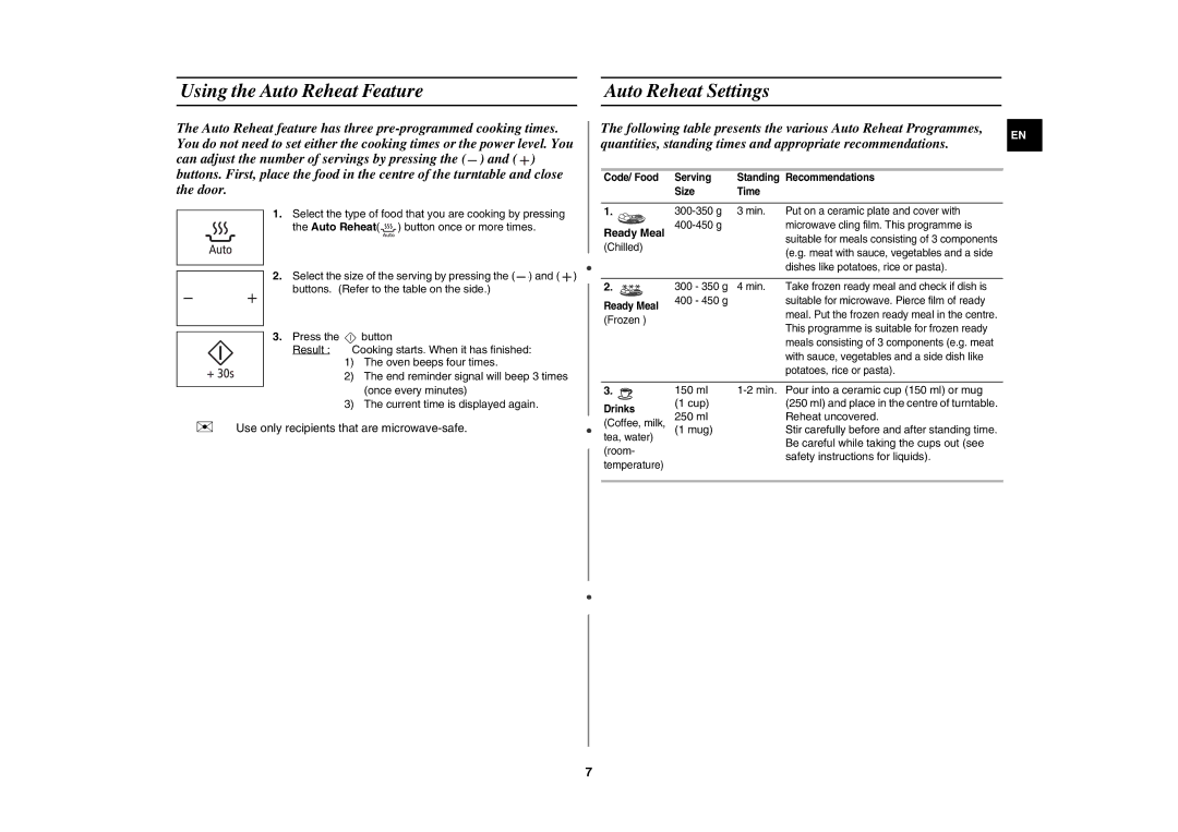 Samsung MW89MST/XEO, MW89MST/XEG, MW89MST/BAL, MW89MST/BOL Using the Auto Reheat Feature Auto Reheat Settings, Ready Meal 