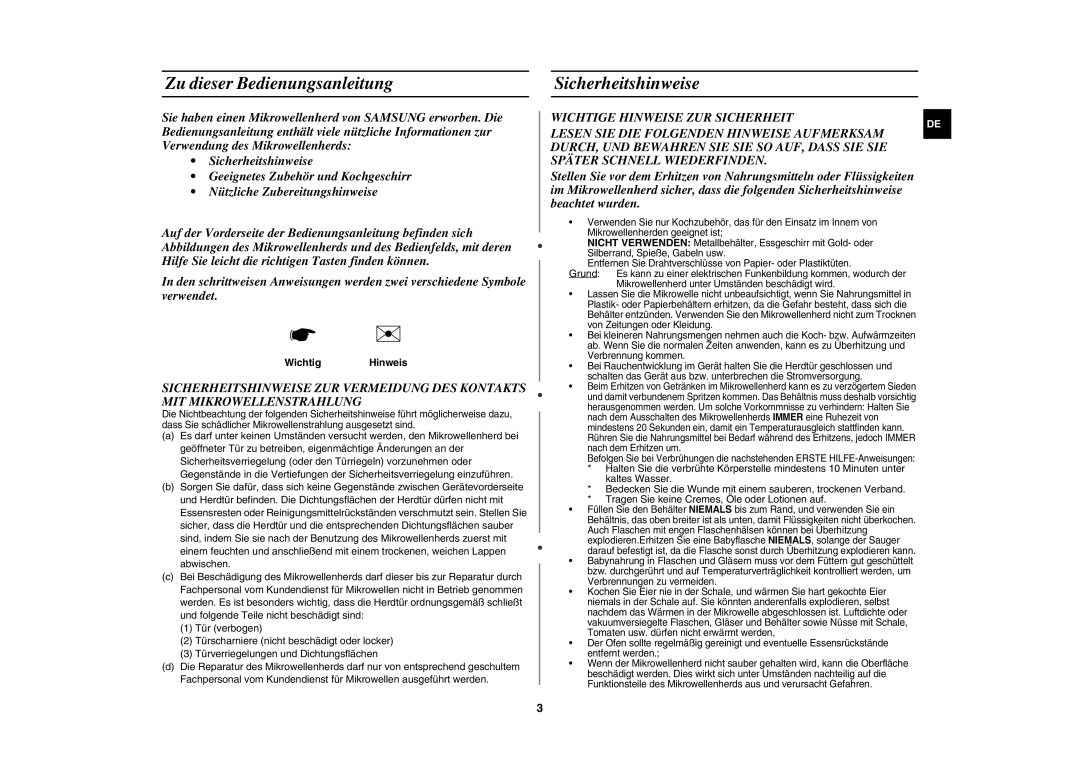 Samsung MW89MST/XEG manual Zu dieser Bedienungsanleitung, Sicherheitshinweise, Wichtig Hinweis 