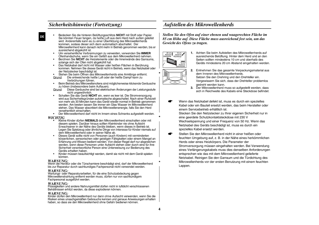 Samsung MW89MST/XEG manual Sicherheitshinweise Fortsetzung, Aufstellen des Mikrowellenherds 