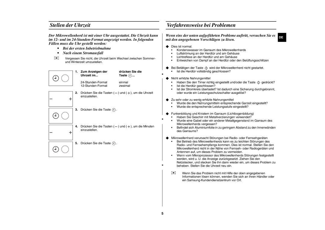 Samsung MW89MST/XEG manual Stellen der Uhrzeit, Verfahrensweise bei Problemen, Einzustellen 