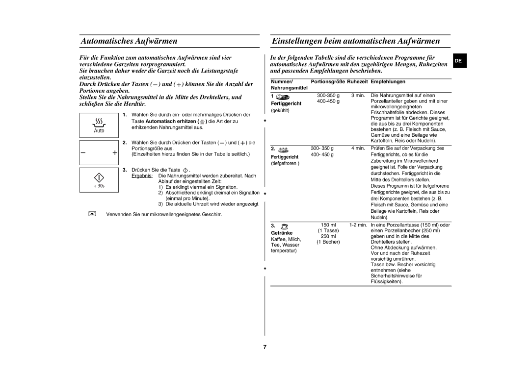 Samsung MW89MST/XEG manual Automatisches Aufwärmen 