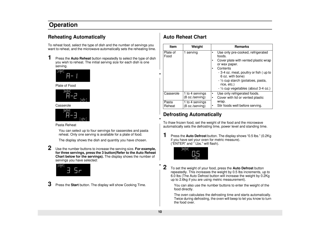 Samsung MW965SB, MW965BB, MW965CB, MW965WB manual Reheating Automatically, Auto Reheat Chart, Defrosting Automatically 