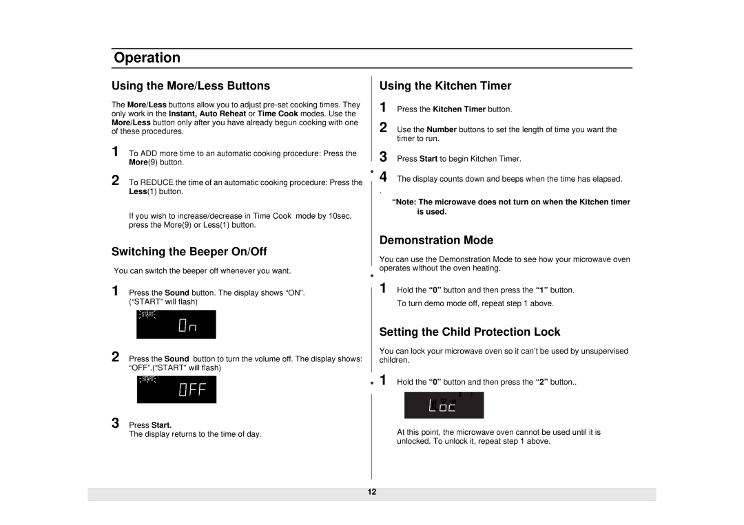 Samsung MW965BB Using the More/Less Buttons, Switching the Beeper On/Off, Using the Kitchen Timer, Demonstration Mode 